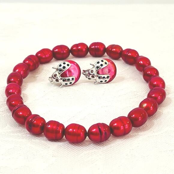 HONORA Sterling Silver Coin Pearl Ladybug EARRINGS BRACELET Stud Cultured Pearls - Picture 6 of 10